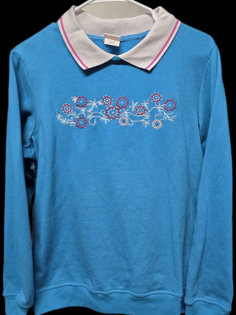 Vintage Adrian Delafield Blue Floral Embroidered Polo Sweatshirt